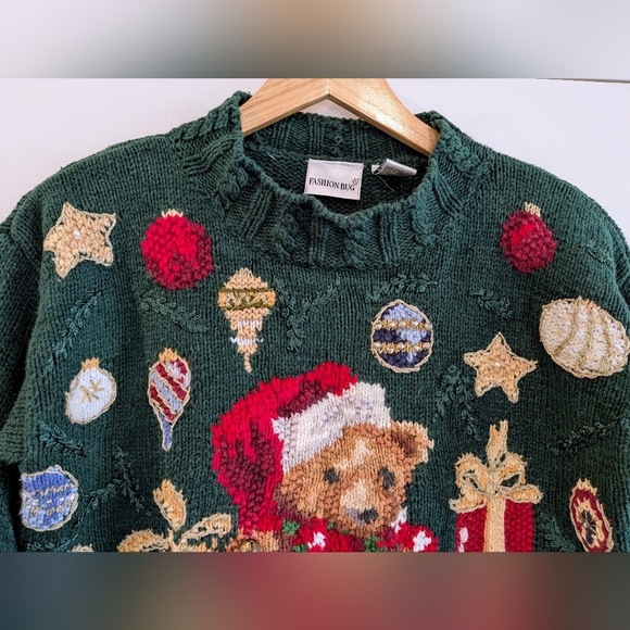 Vintage Fashion Bug Green Holiday Ugly Christmas Sweater Teddy Bear Size Large - Picture 2 of 15